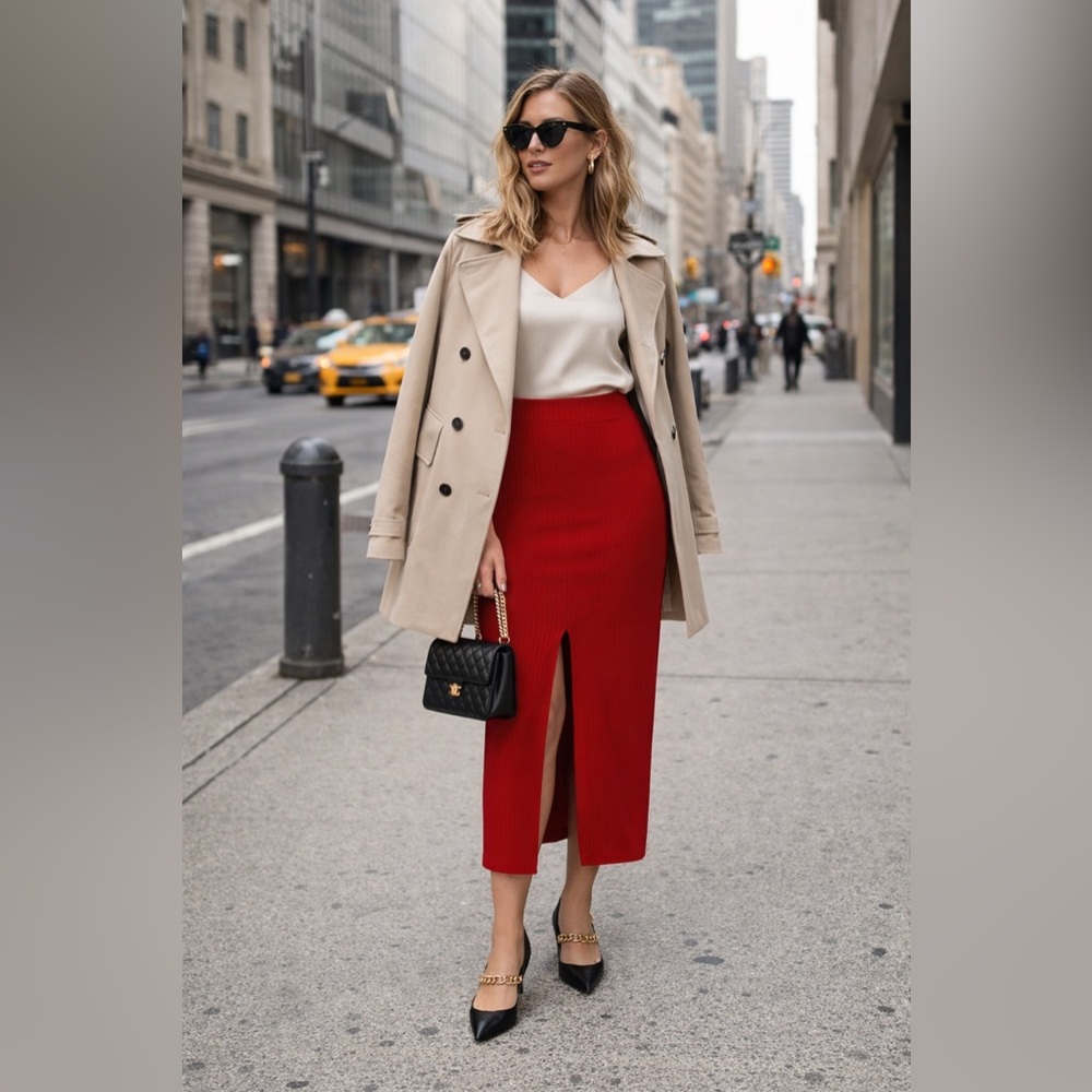 Sz XS Free People NWOT Red Ribbed Knit MIDI skirt